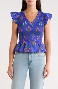 SUGARLIPS Clemen Floral Brish Smocked Flutter Sleeve Peplum Cotton Top