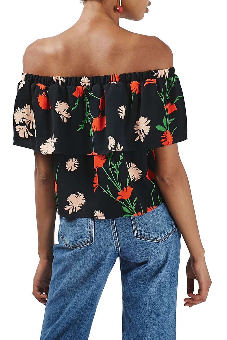 Pressed Floral Print Ruffle Bardot Top, Alternate, color, BLACK MULTI