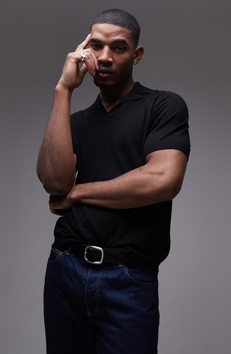 Topman Solid Black Notched Johnny Collar Polo, Main, color, 