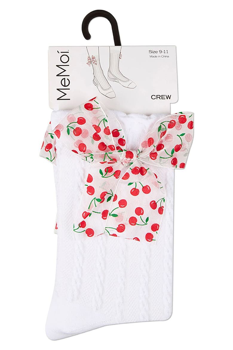 Cherry Bow Cable Crew Socks, Alternate, color, WHITE