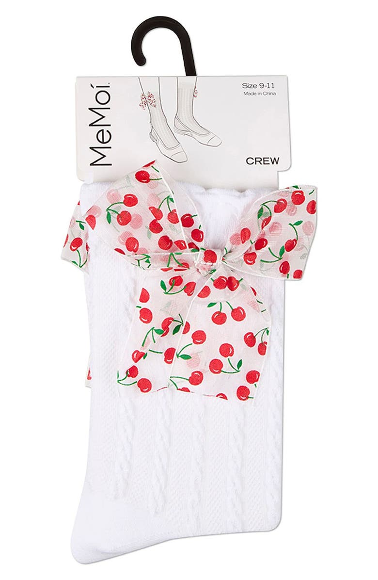MeMoi Cherry Bow Cable Crew Socks, Alternate, color, White