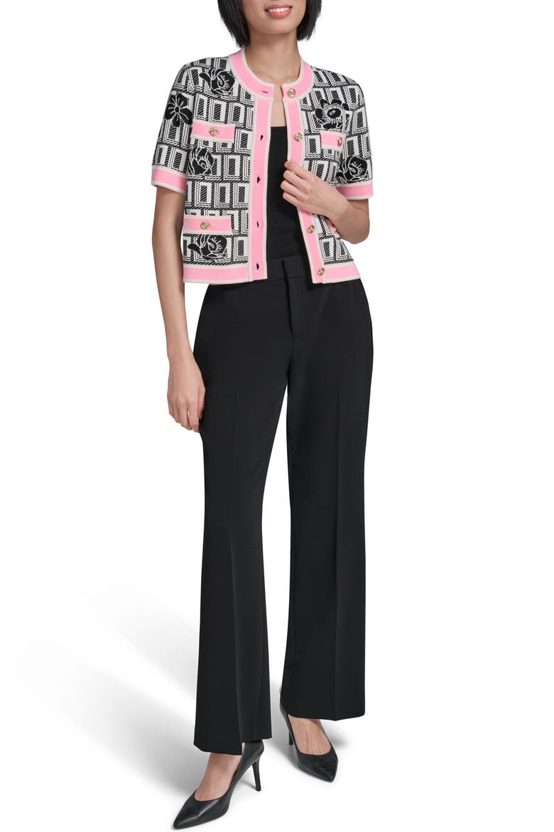 Print Short Sleeve Cardigan, Alternate, color, WHITE/ BLACK/ PARIS PINK