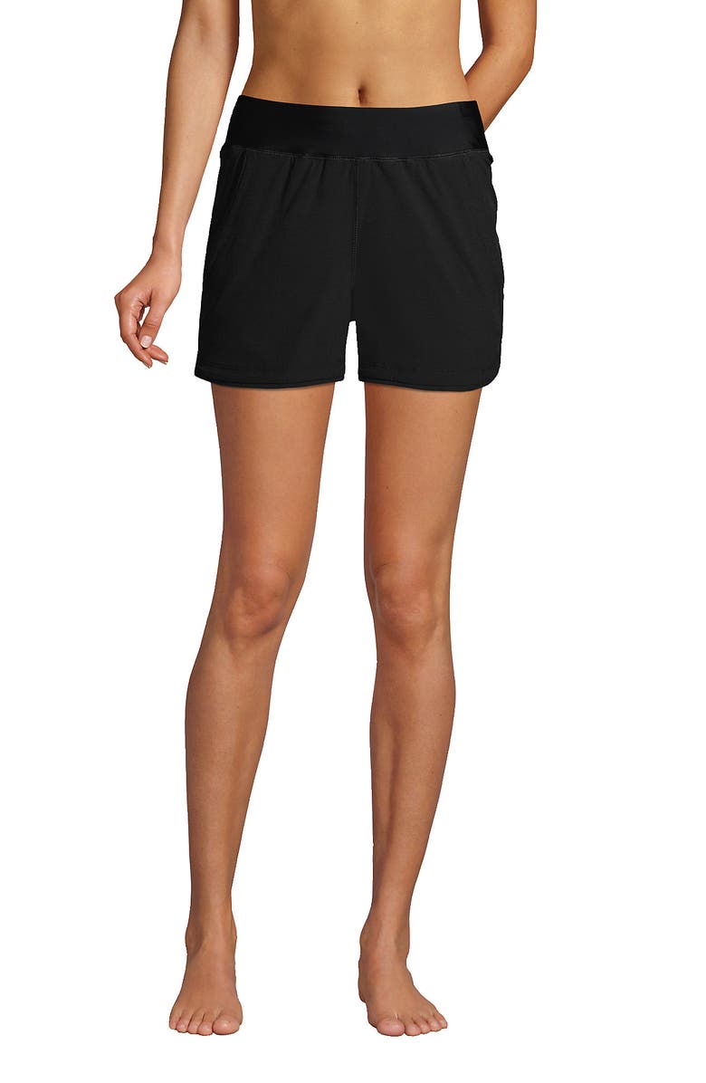Lands' End 3" Quick Dry Elastic Waist Board Shorts Swim Cover-up Shorts with Panty, Main, color, Black