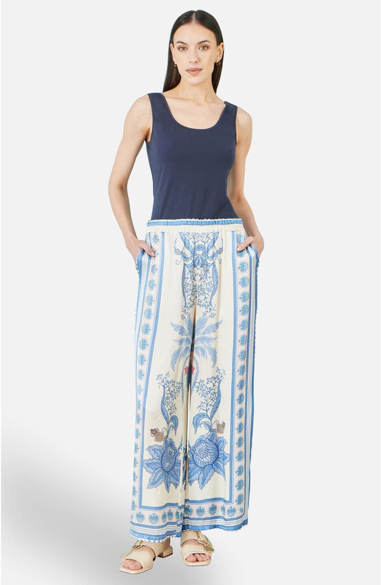 Yumi Satin Print Placement Relaxed Trousers, Alternate, color, Blue