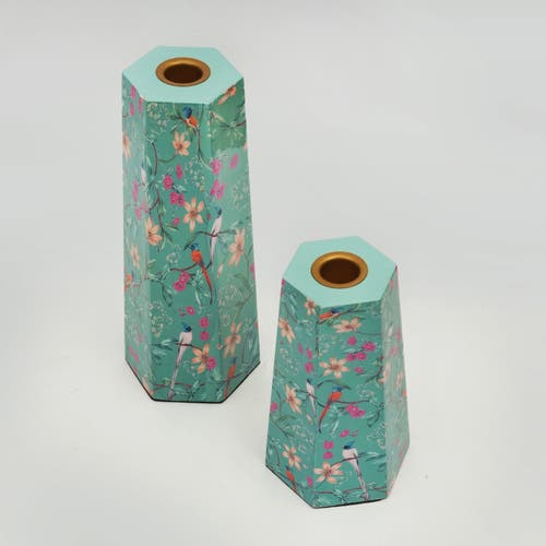 Mela Artisans Aqua Flora Hexagonal Candleholders In Green