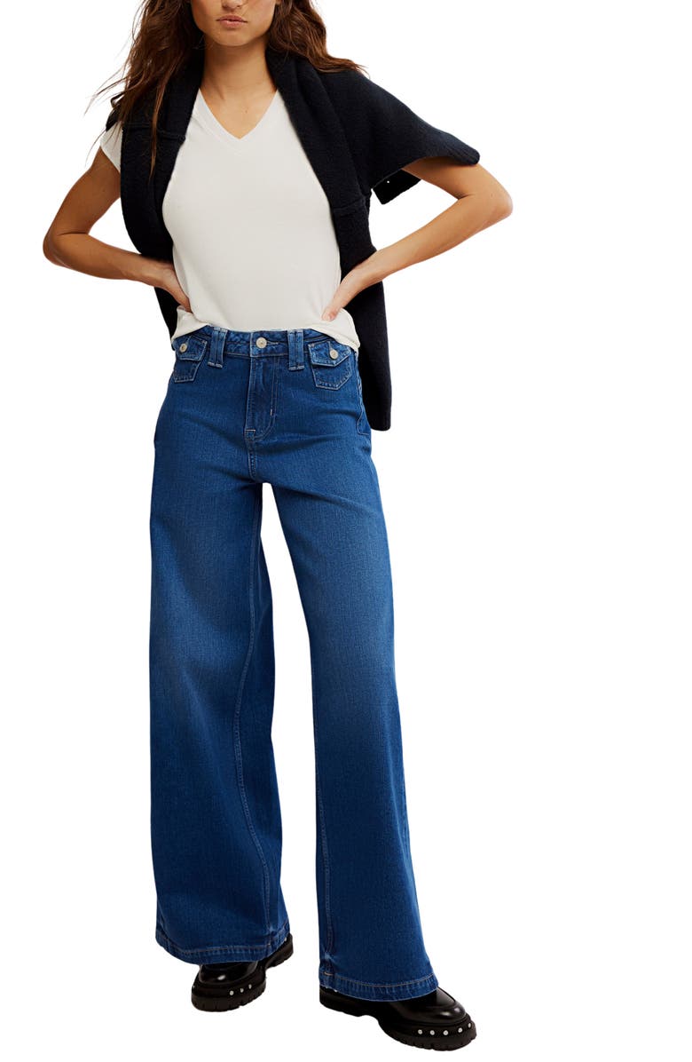 Free People Kellee High Waist Wide Leg Palazzo Jeans, Alternate, color, Blue Night