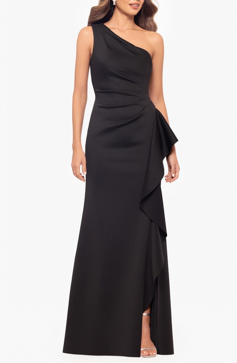 Xscape Evenings One-Shoulder Ruffle Scuba Crepe Gown, Alternate, color, Black