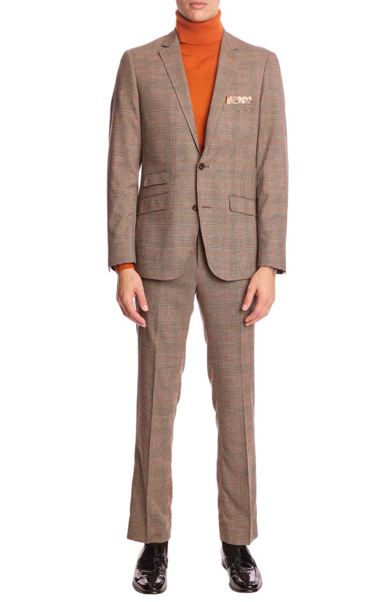 PAISLEY & GRAY Downing Slim Fit Flat Front Plaid Dress Pants, Alternate, color, Orange Pop Prince Of Wales
