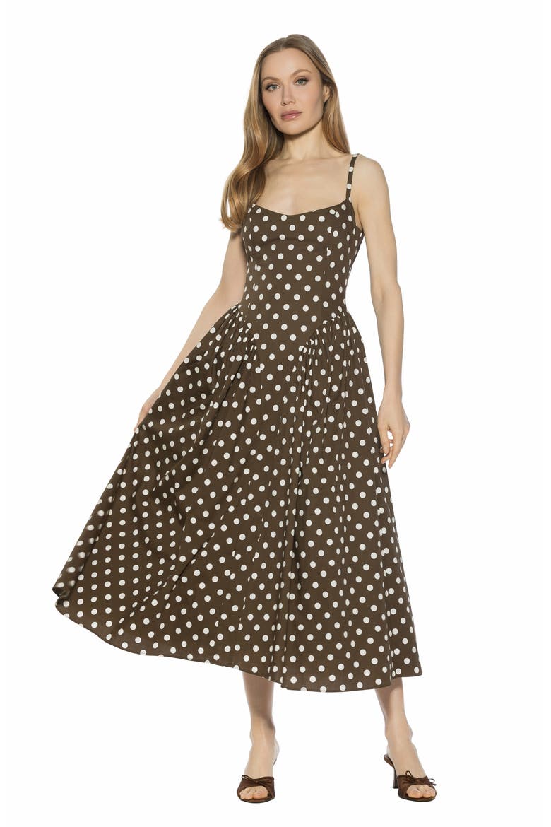 Thalassa Midi Dress, Alternate, color, BROWN POLKA