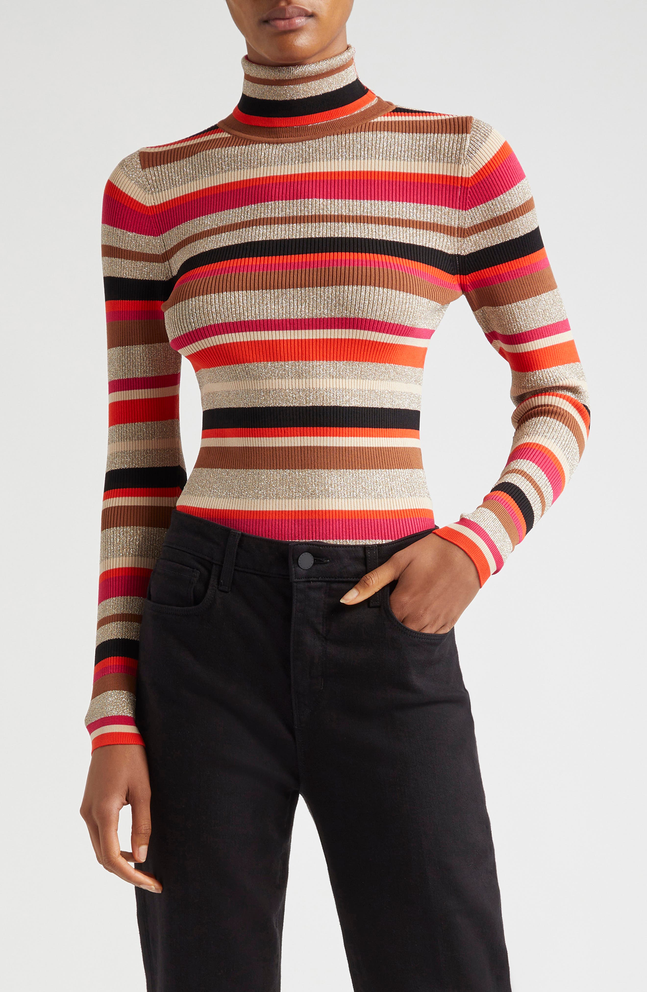 L'AGENCE Olene Metallic Stripe Turtleneck Top