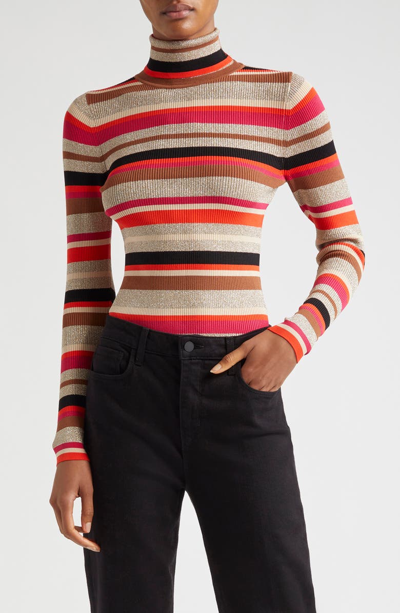 L'AGENCE Olene Metallic Stripe Turtleneck Top, Main, color, Orangepin