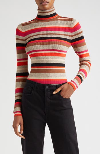 L'AGENCE Olene Metallic Stripe Turtleneck Top in Orangepin at Nordstrom Rack, Size Xx-Large