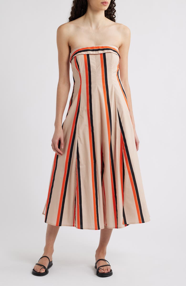Du Paradis Amaranth Stripe Strapless Cotton Midi Dress, Main, color, Orange Multi Stripe