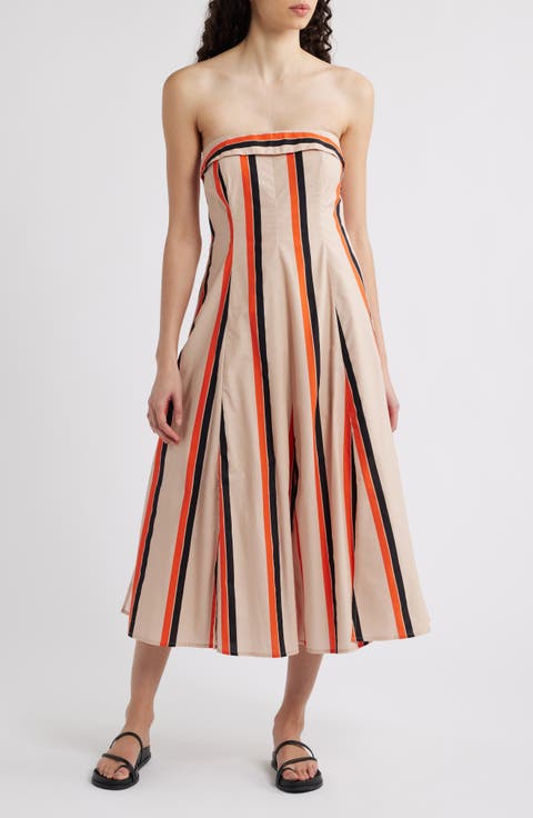 Amaranth Stripe Strapless Cotton Midi Dress