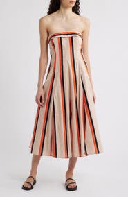 Du Paradis Amaranth Stripe Strapless Cotton Midi Dress