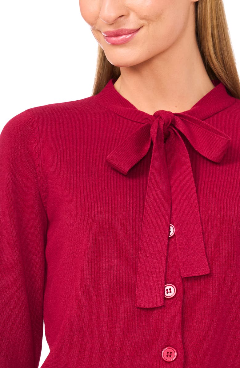 CeCe Tie Neck Cardigan, Alternate, color, Deep Merlot