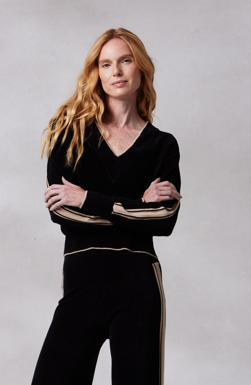Shop Kashwere Apparel V Neck Track Sweater In Black/sand Stripe
