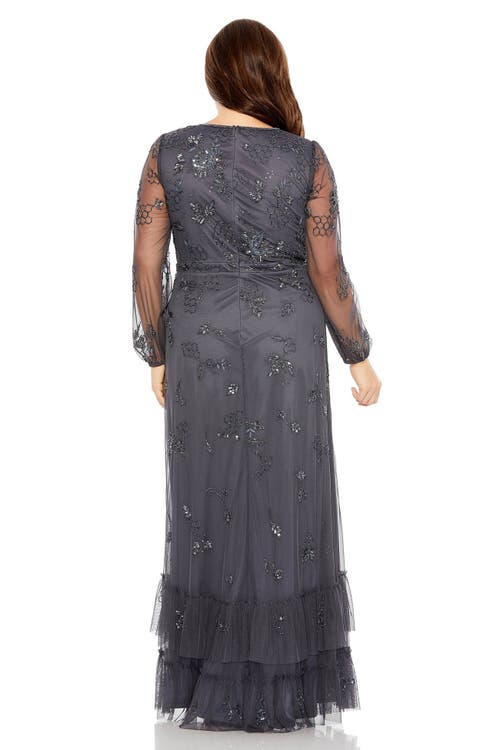 Mac Duggal Puff Sleeve V-neck Tiered Embellished Gown In Charcoal