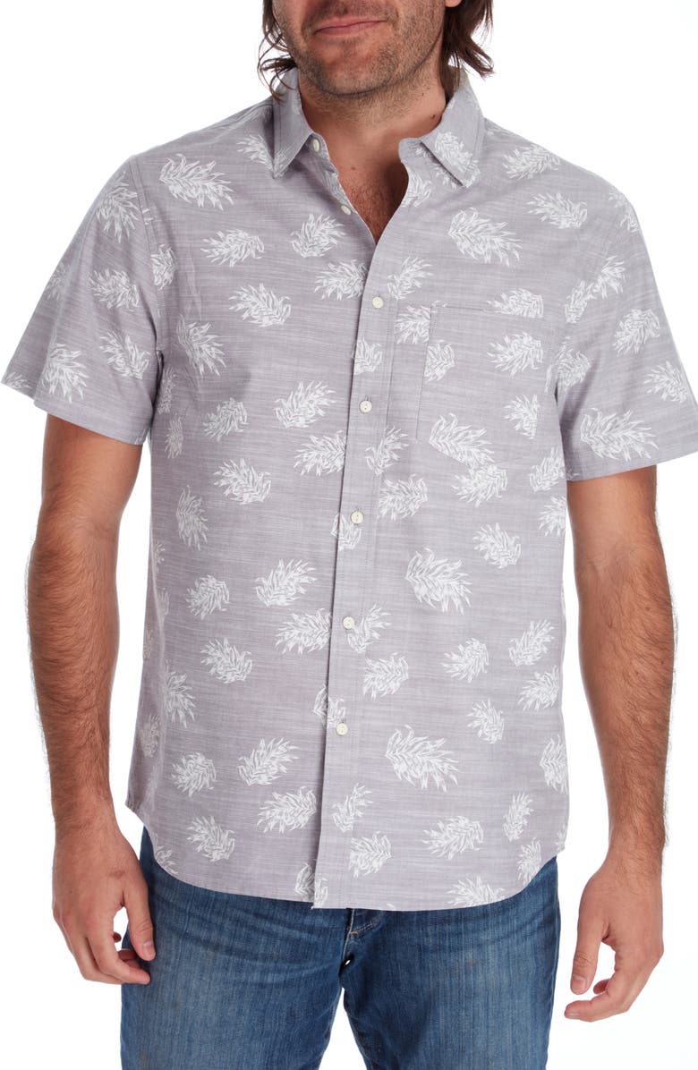 PX Pineapple Print Short Sleeve Button-Up Cotton Chambray Shirt, Main, color, 