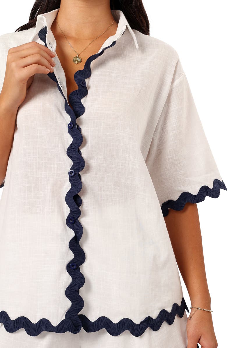 Petal & Pup Wilson Rickrack Trim Oversize Cotton Button-Up Top & Shorts Set, Alternate, color, White Navy