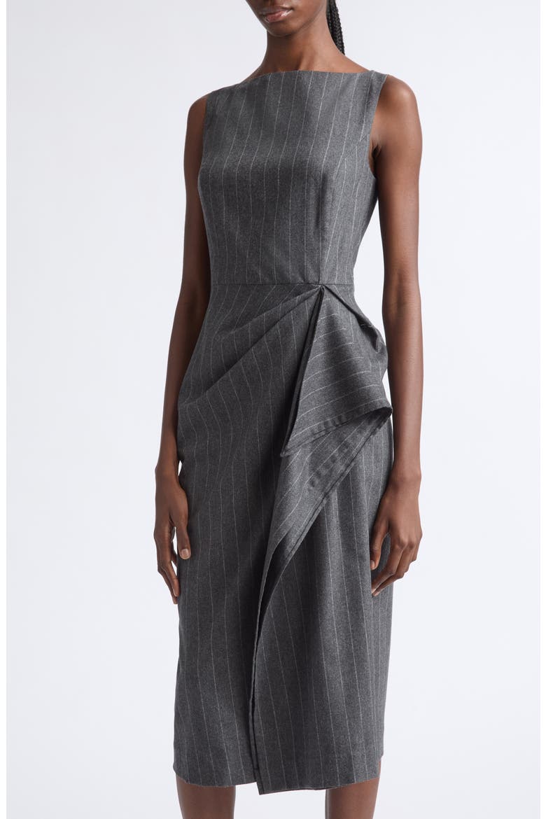 Sleeveless Pinstripe Stretch Virgin Wool & Cashmere Draped Pencil Dress, Alternate, color, CHARCOAL