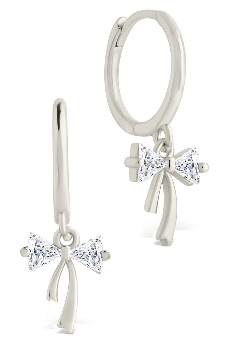 Cubic Zirconia Bow Drop Huggie Hoop Earrings, Main, color, SILVER