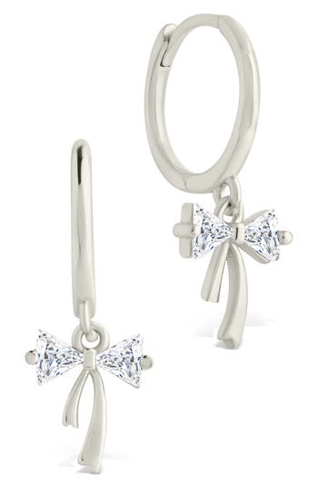 Sterling Forever Cubic Zirconia Bow Drop Huggie Hoop Earrings In Silver