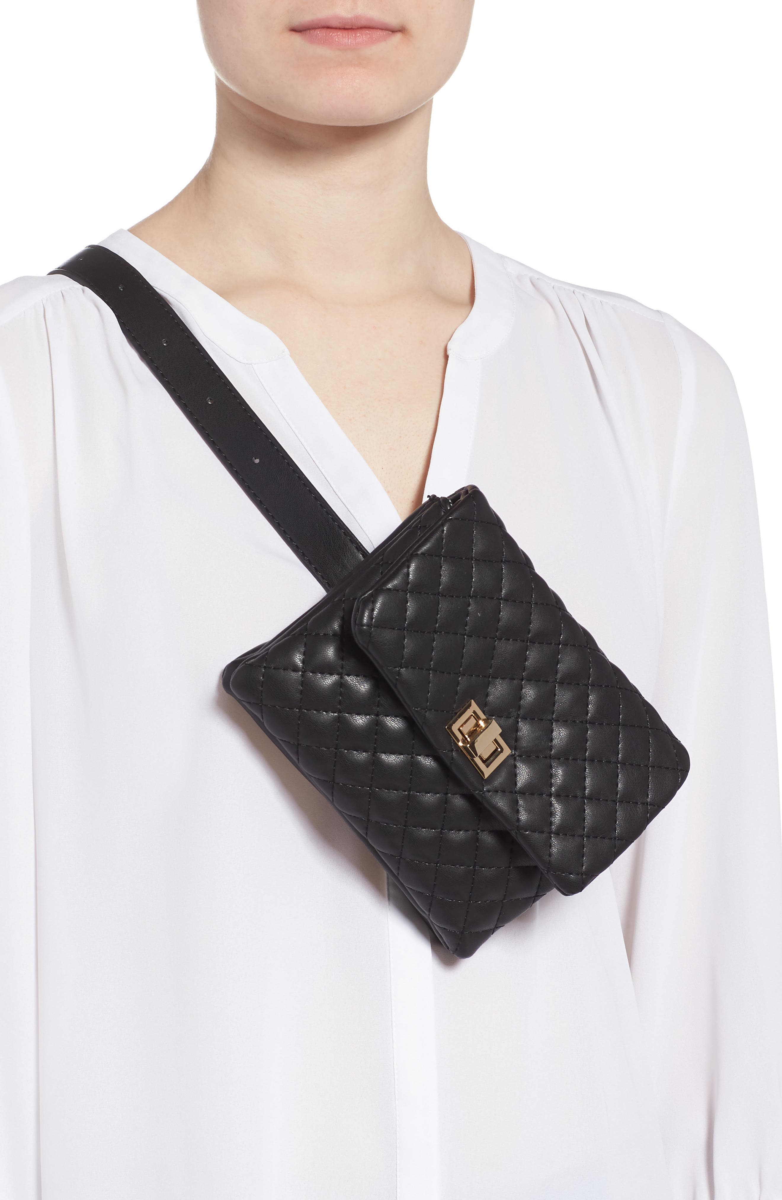 Quilted Vegan Leather Belt Bag, Alternate, color, BLACK/ GOLD