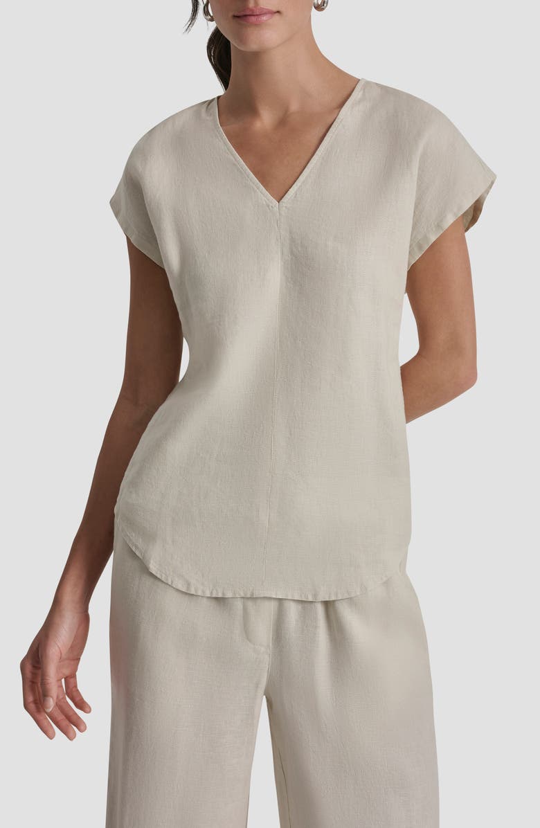 DKNY V-Neck Linen Top, Main, color, Natural