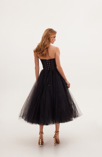 Black Strapless Puffy Midi Tulle Dress