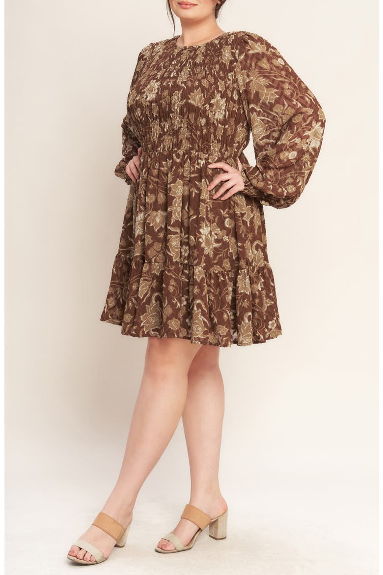 Smocked Long Sleeve Fit & Flare Dress, Alternate, color, BROWN