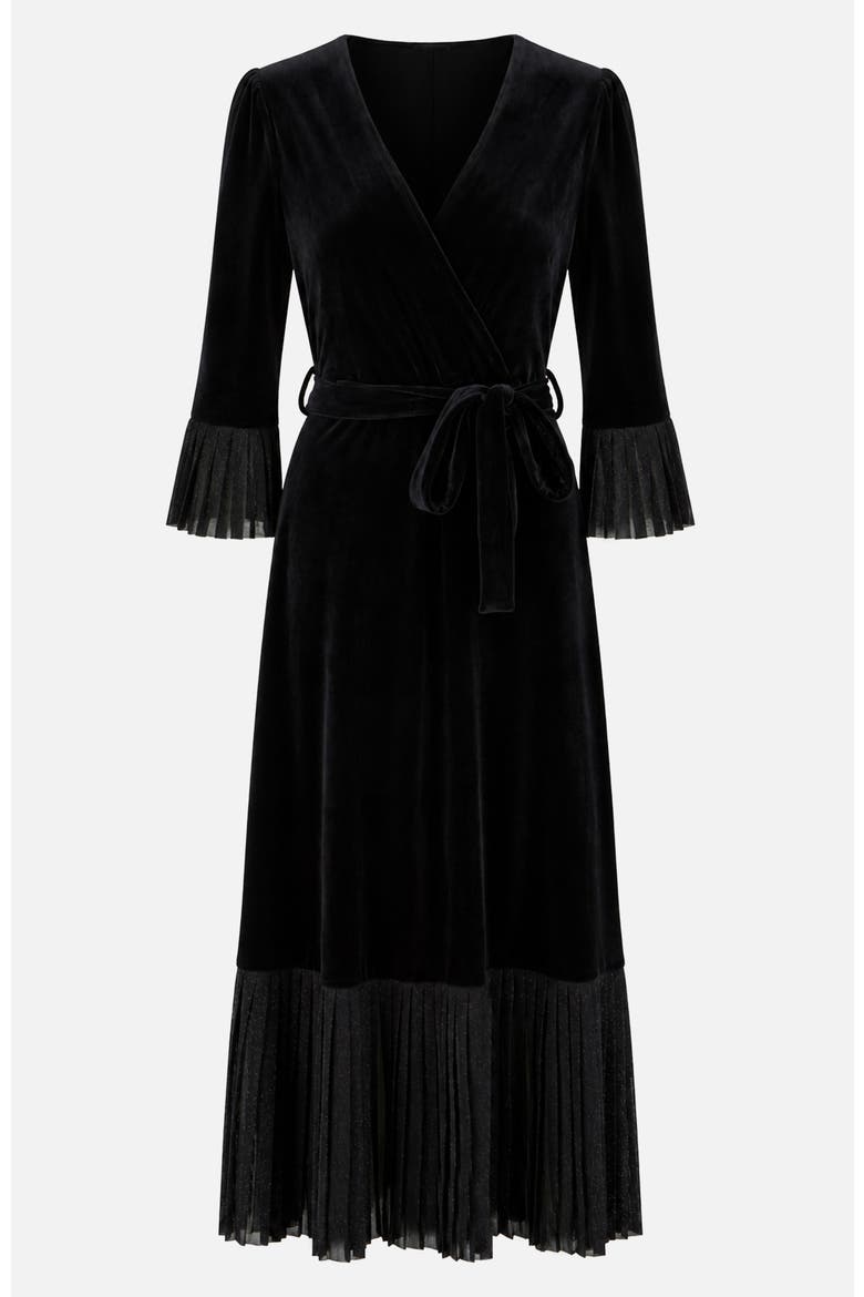 Velvet Midi Pleat Detail Wrap Dress, Alternate, color, Green