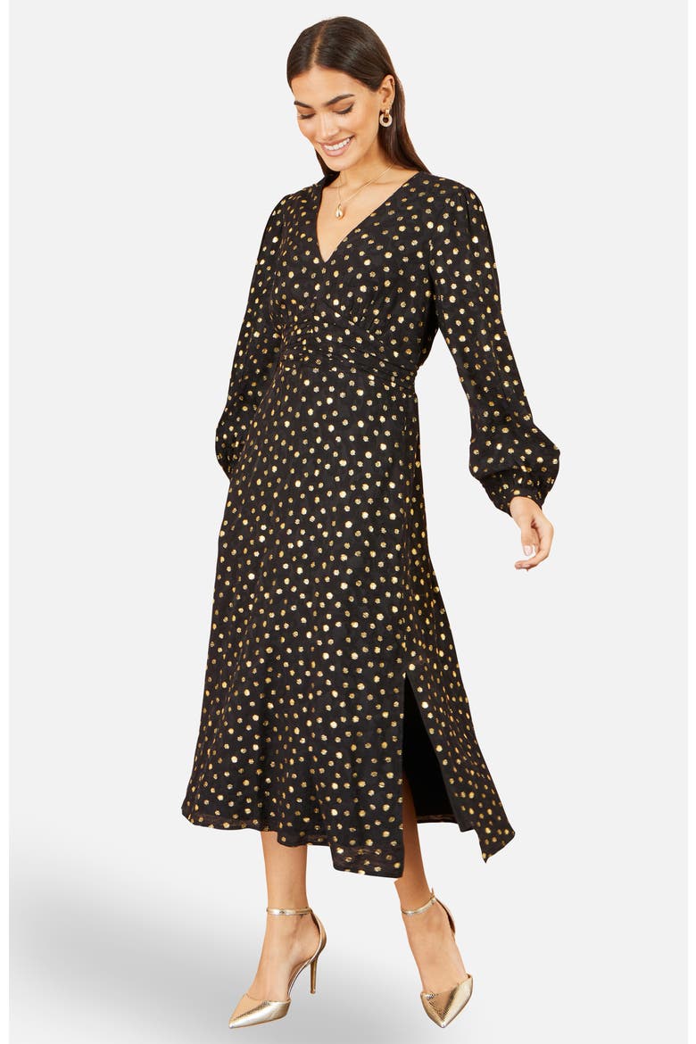 Long Sleeve Foil Print Midi Dress, Alternate, color, Black
