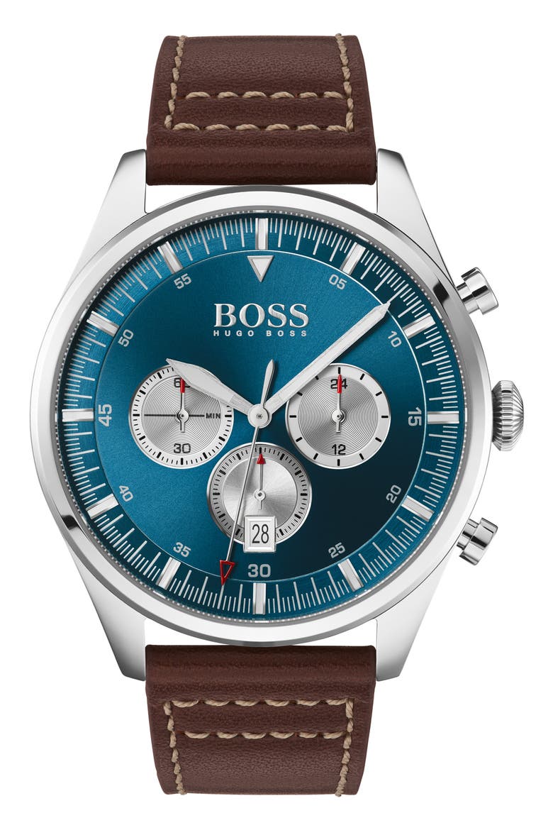 Pioneer Chronograph Leather Strap Watch, 44mm, Main, color, BROWN/ BLUE/ SILVER