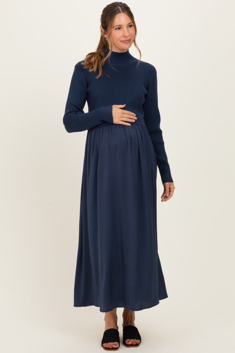Knit Contrast Top Satin Midi Dress, Alternate, color, Navy Blue
