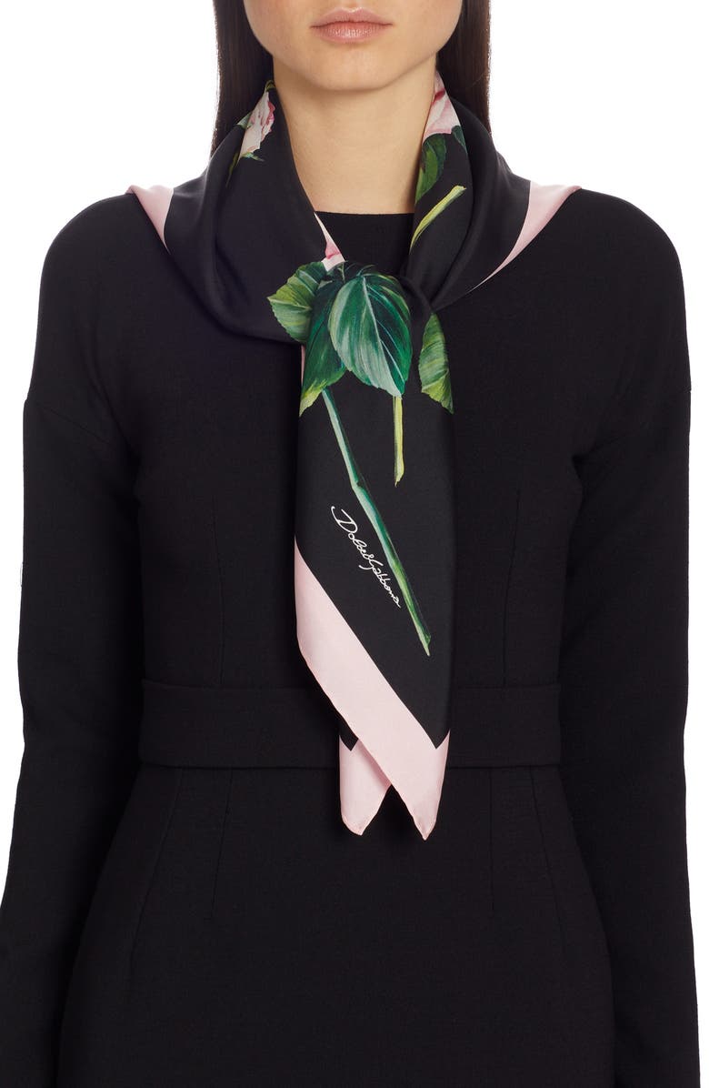 Dolce&Gabbana Rose Print Square Silk Twill Scarf, Alternate, color, 