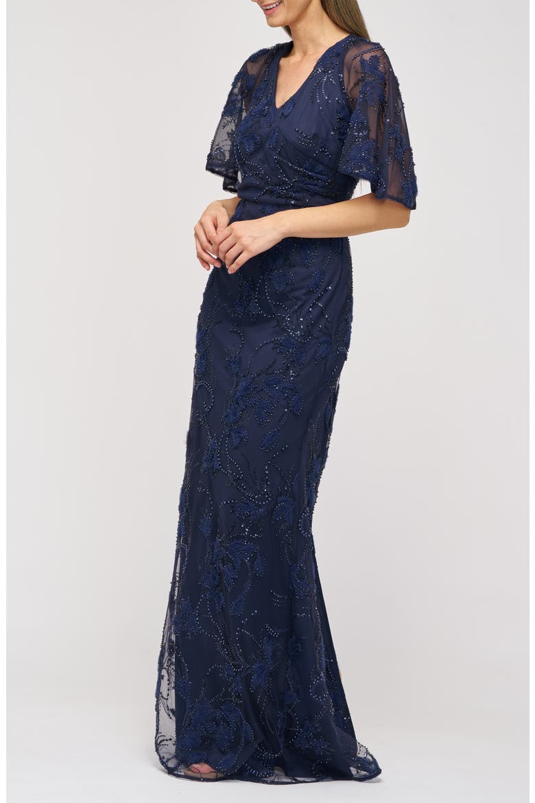 Alex Embellished Flutter Sleeve Gown, Alternate, color, NAVY