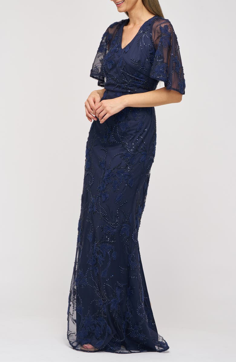 JS Collections Alex Embellished Flutter Sleeve Gown, Alternate, color, Navy