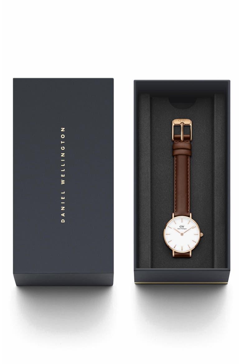 Classic Petite Leather Strap Watch, 28mm, Alternate, color, BROWN/ WHITE/ ROSE GOLD