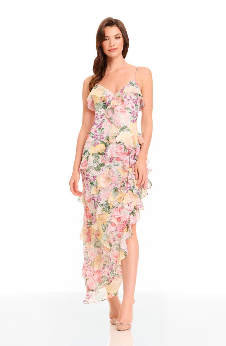 Dress the Population Josefina Metallic Floral Ruffle Detail Gown, Alternate, color, Ivory Multi