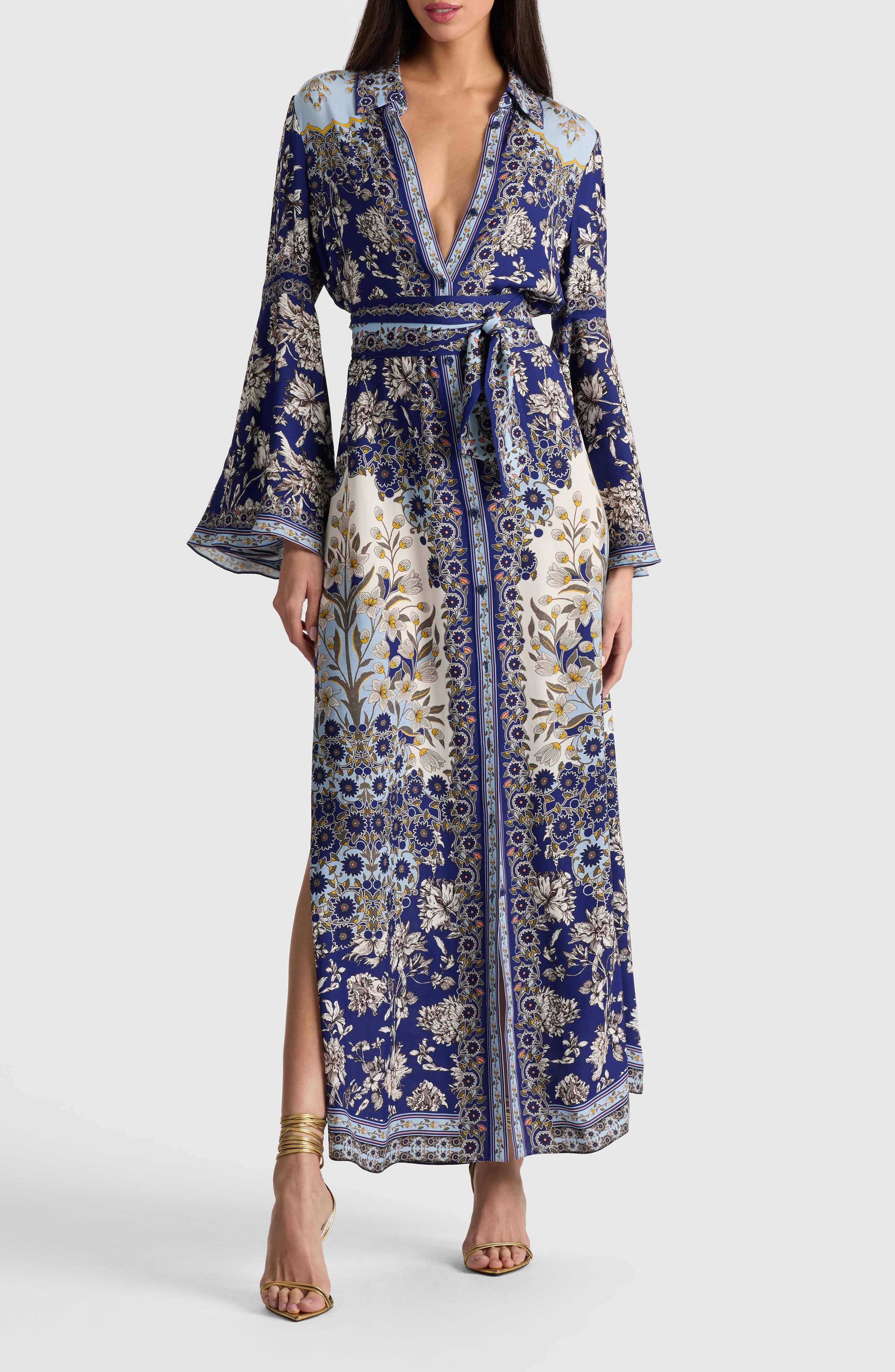 Alice + Olivia Chassidy Mixed Tapestry Print Long Sleeve Maxi Shirtdress