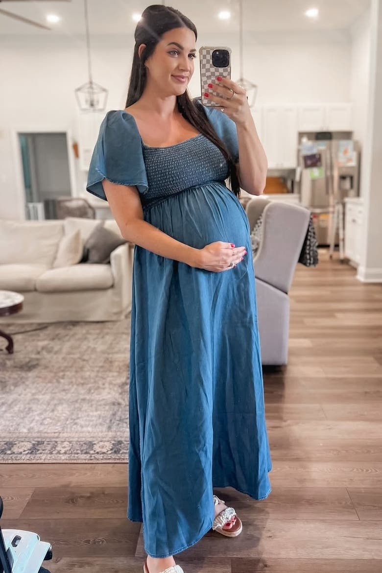 Chambray Smocked Maxi Dress, Alternate, color, Light Blue