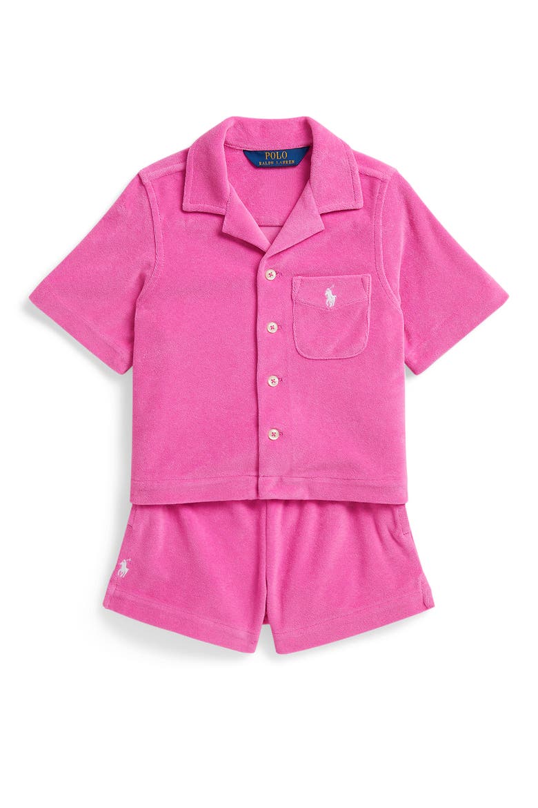 Kids' French Terry Button-Up Shirt & Shorts Set, Main, color, DAHLIA PINK