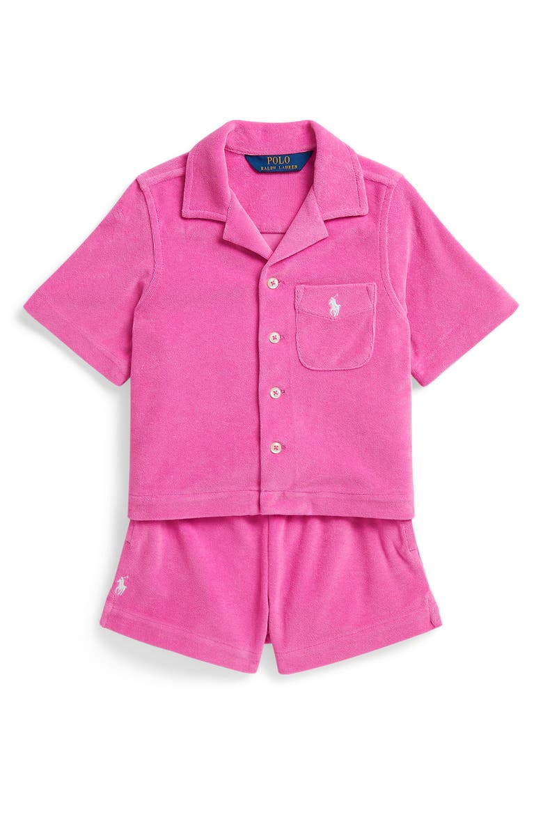 Polo Ralph Lauren Kids' French Terry Button-Up Shirt & Shorts Set, Main, color, Dahlia Pink