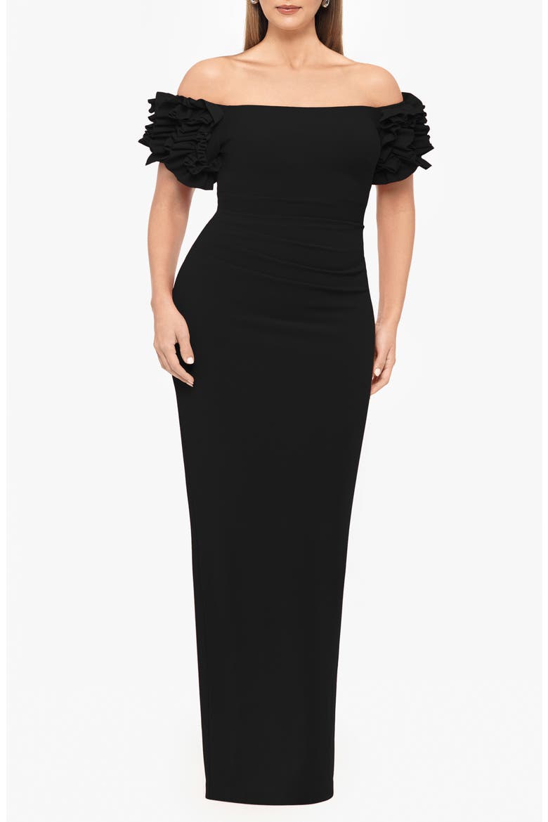 Ruffle Off the Shoulder Crepe Gown, Main, color, BLACK
