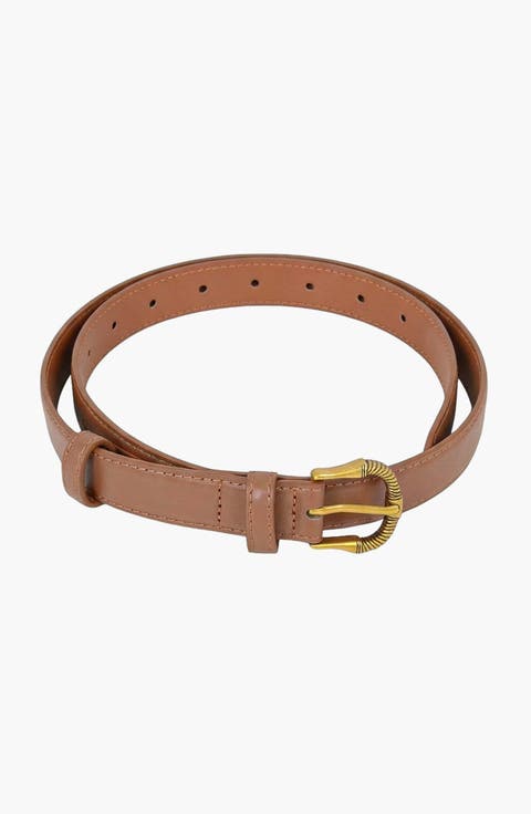 Leather Belt with Textured Buckle and Classic Profile
