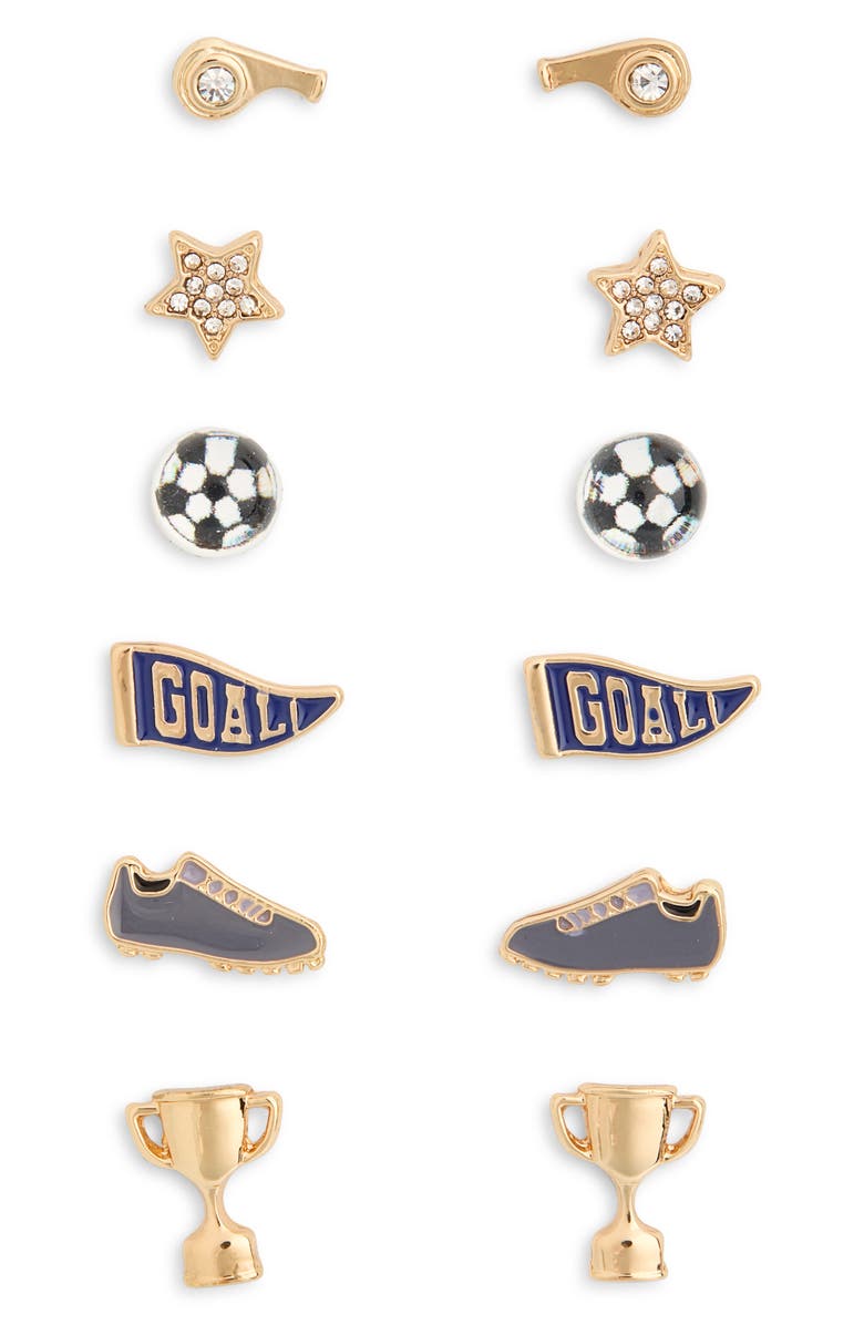 Leith Set of 6 Soccer Stud Earrings, Main, color, Black Multi- Gold