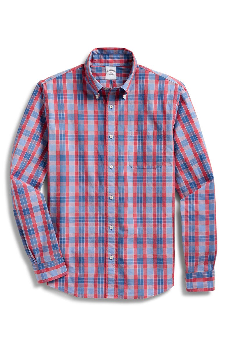 Brooks Brothers Friday Regular Fit Plaid Cotton Poplin Button-Down Shirt, Main, color, Blue Baroque Rose Bold Plaid