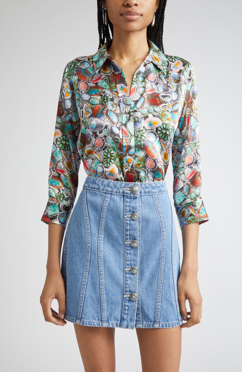 L'AGENCE Dani Mixed Ring Print Silk Button-Up Shirt, Main, color, Multi Mix Turquoise Rings