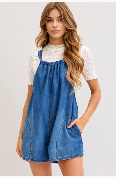 Drawstring Front Pocket Overall Romper